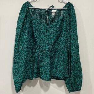 Women’s A Line V Neck Ballon Long Sleeve Floral Blouse - Ava & Viv Green Size 2X